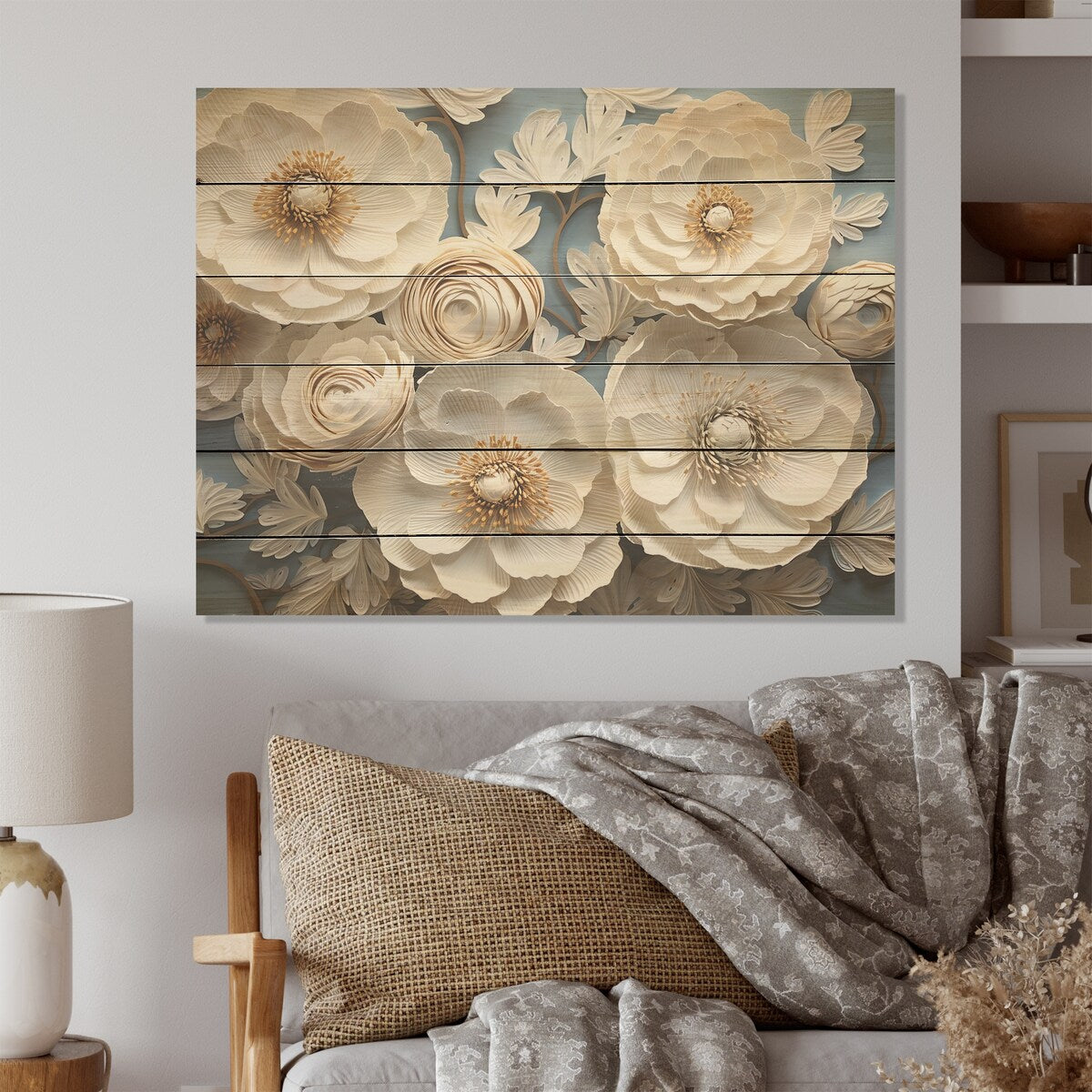 Designart "Burst Of Ranunculus Beauty I" Ranunculus Wood Wall Decor Traditional Beige Wood Panel On Natural Pine Wood