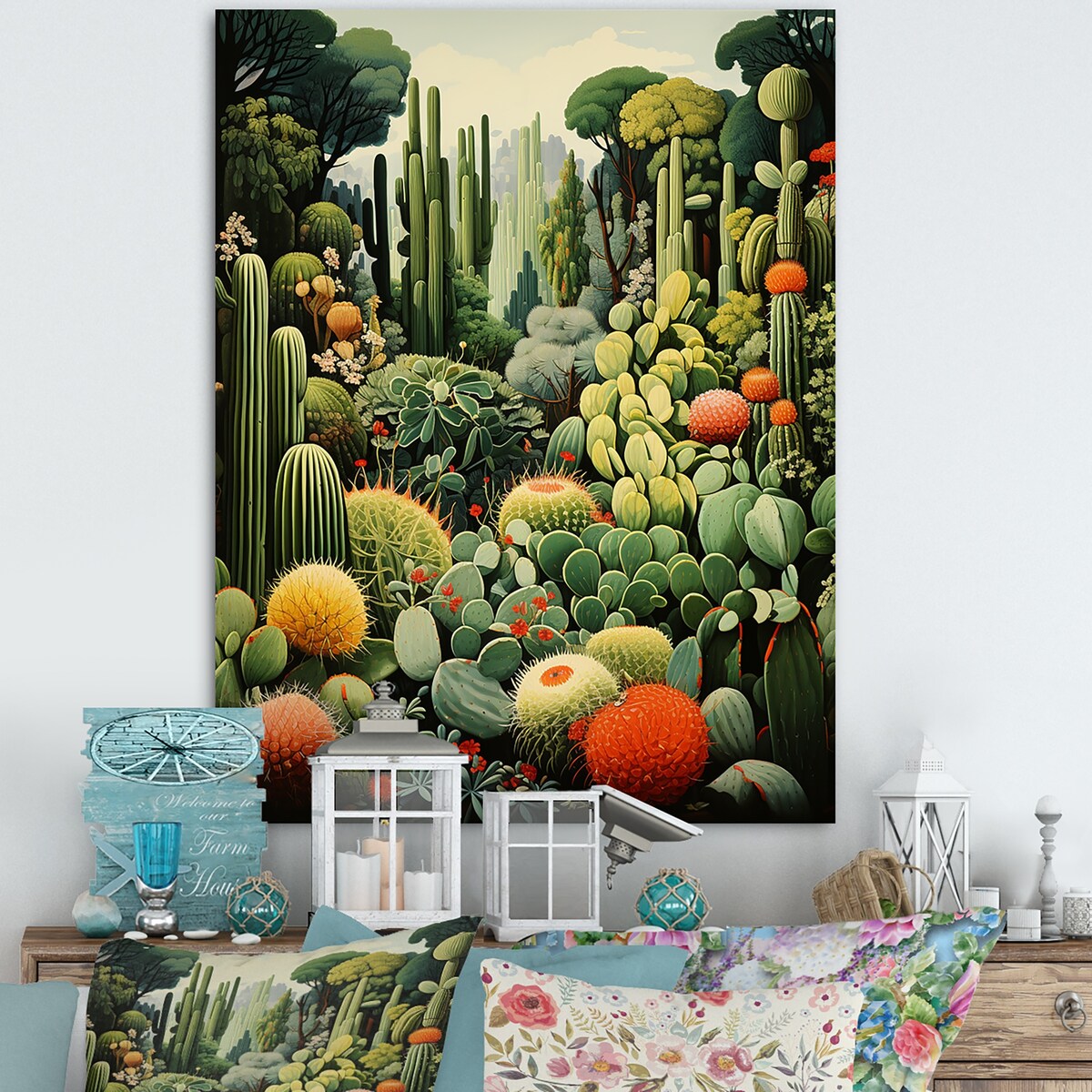 Designart "Cactus Olive Oasis " Floral Cactus Wall Art