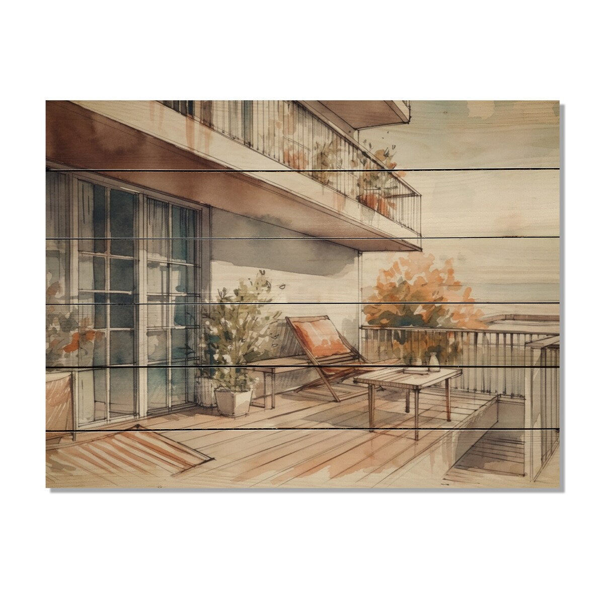Designart "Capturing The Bliss Of A Summer Terrace II" City Art Deco Print on Natural Pine Wood