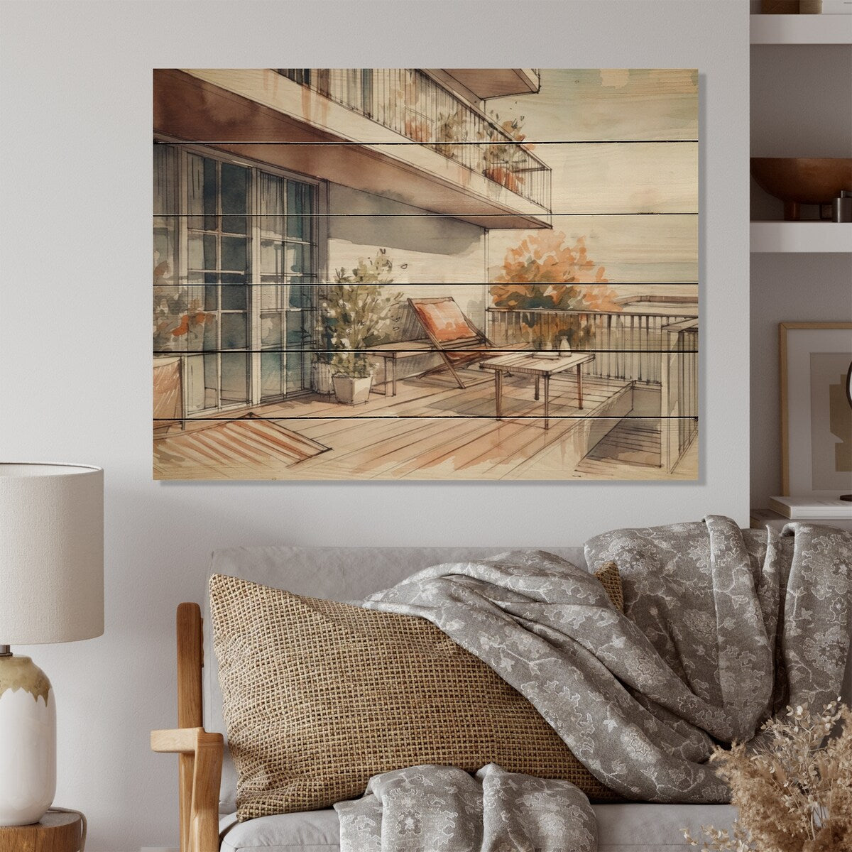 Designart "Capturing The Bliss Of A Summer Terrace II" City Art Deco Print on Natural Pine Wood