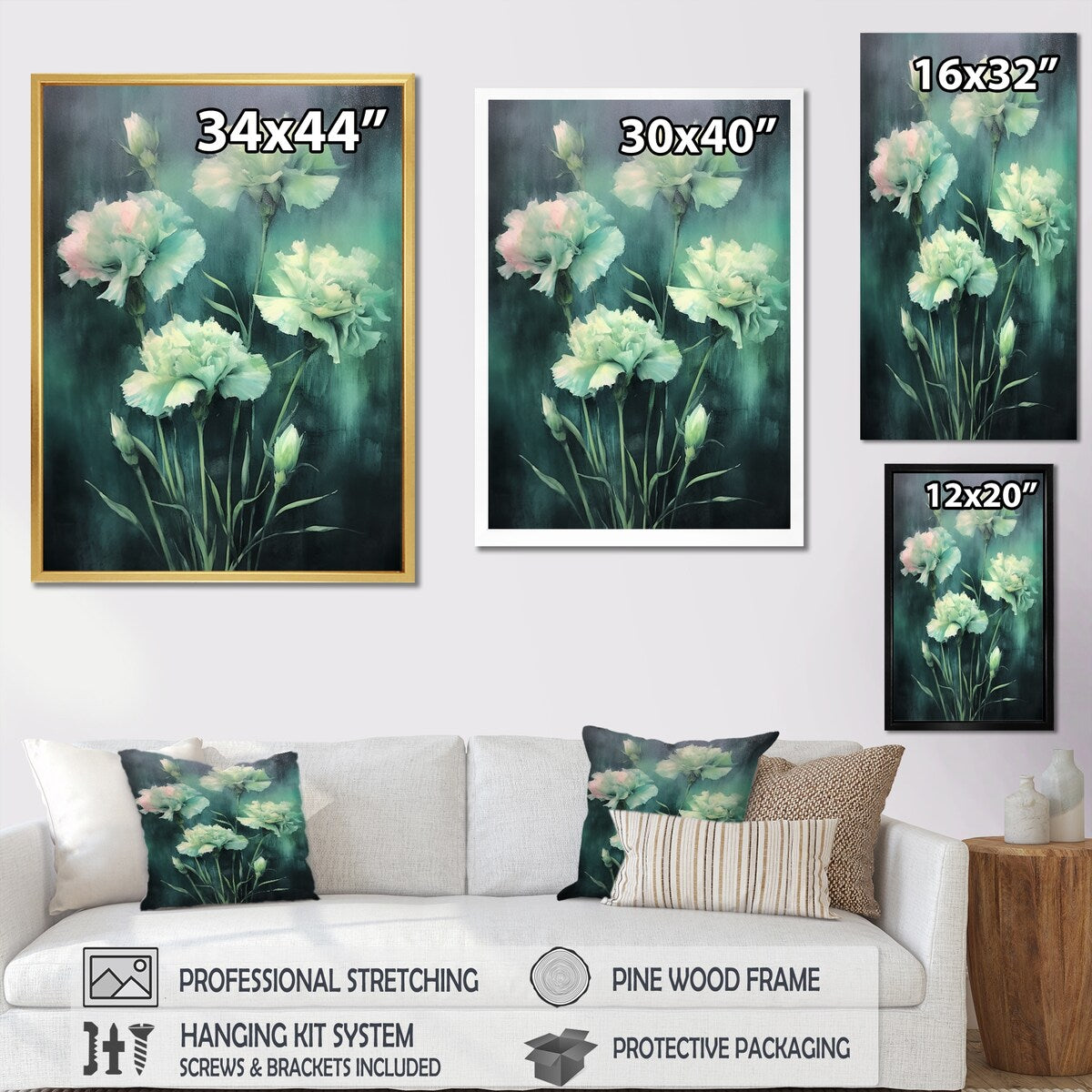 Designart "Carnations Green Emerald Ink" Carnations Wall Art