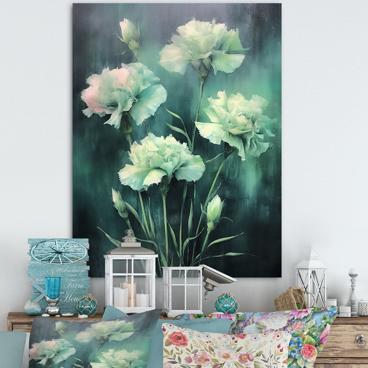 Designart "Carnations Green Emerald Ink" Carnations Wall Art
