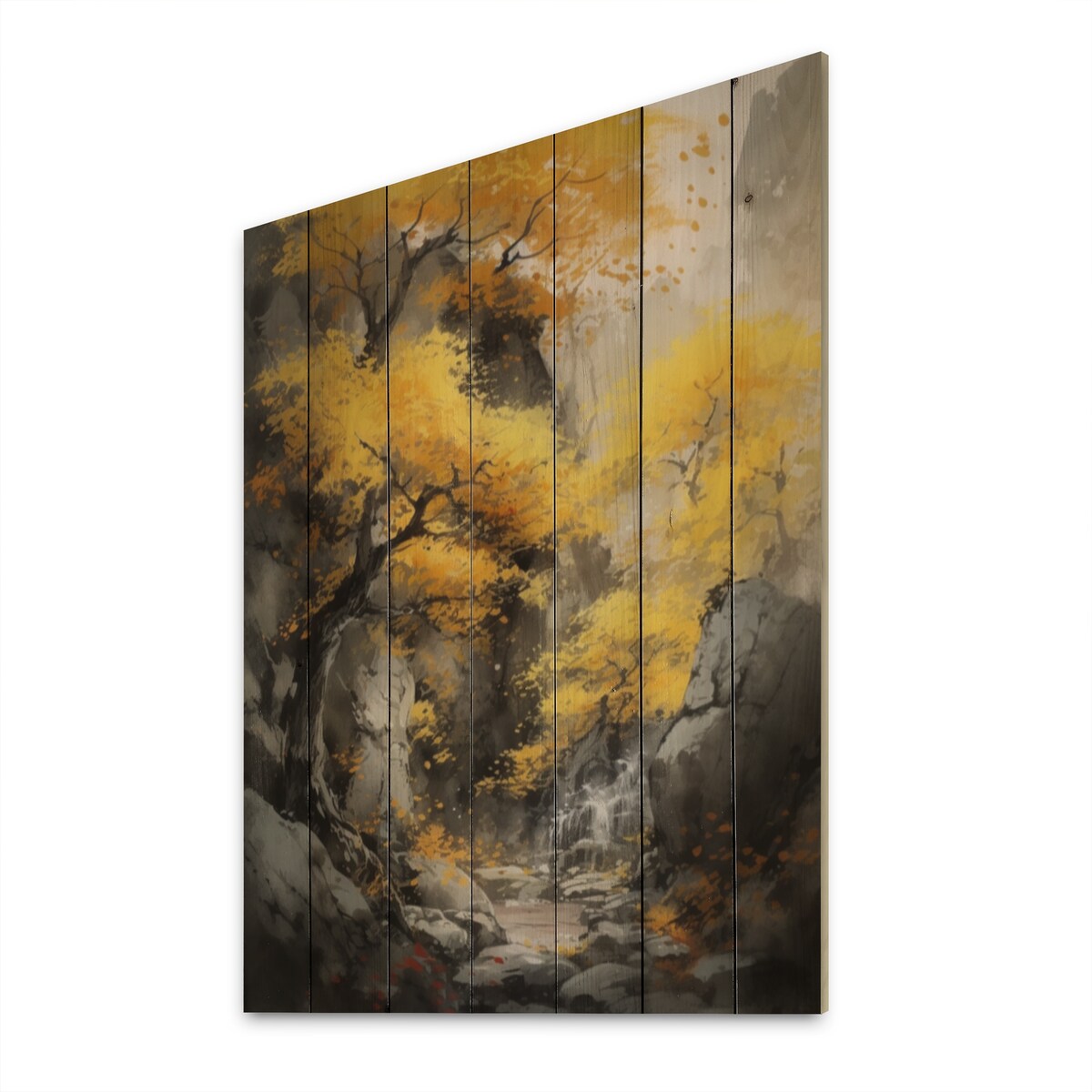 Designart "Cascading Japenese Tree" Landscape Forest Print on Natural Pine Wood