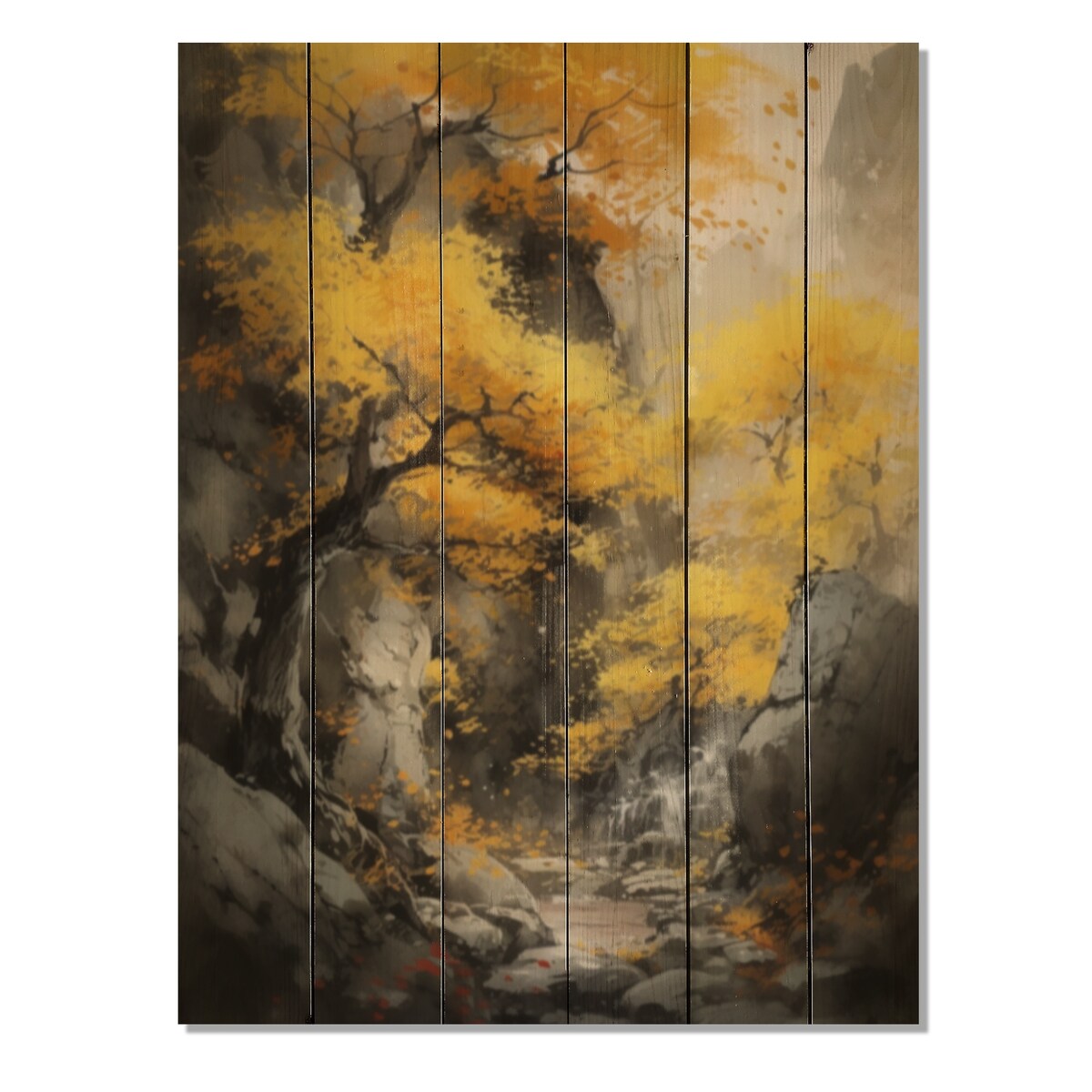 Designart "Cascading Japenese Tree" Landscape Forest Print on Natural Pine Wood