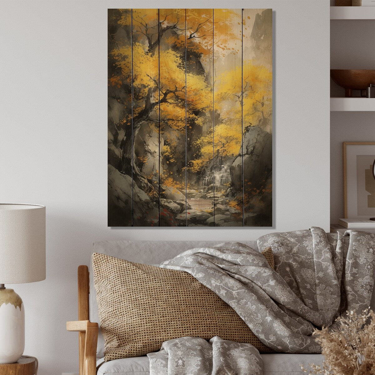 Designart "Cascading Japenese Tree" Landscape Forest Print on Natural Pine Wood