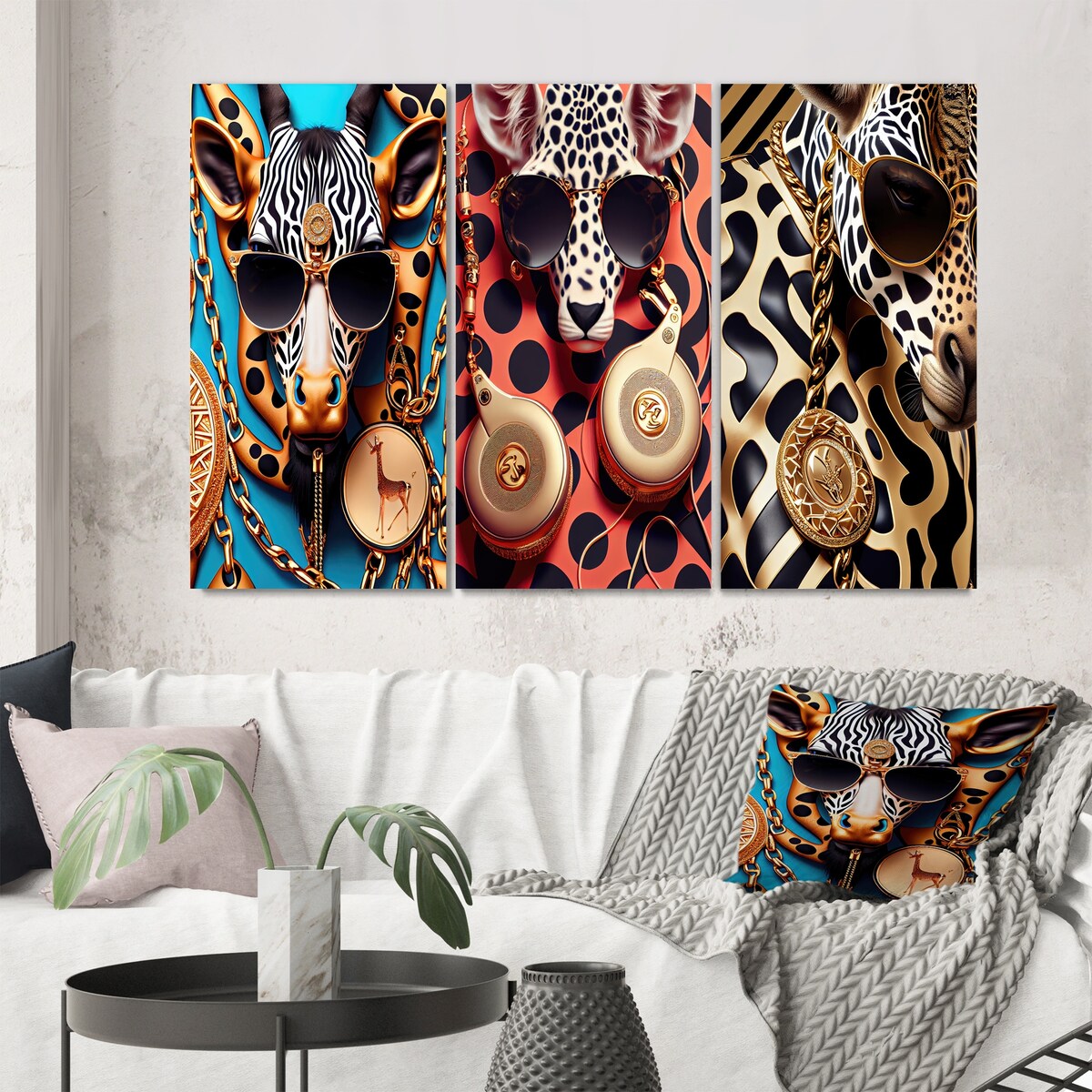 Designart "Celebrity Fashion Girafe II" Fashion Wall Art Set Of 3 - Glam Gallery Set For Office Decor