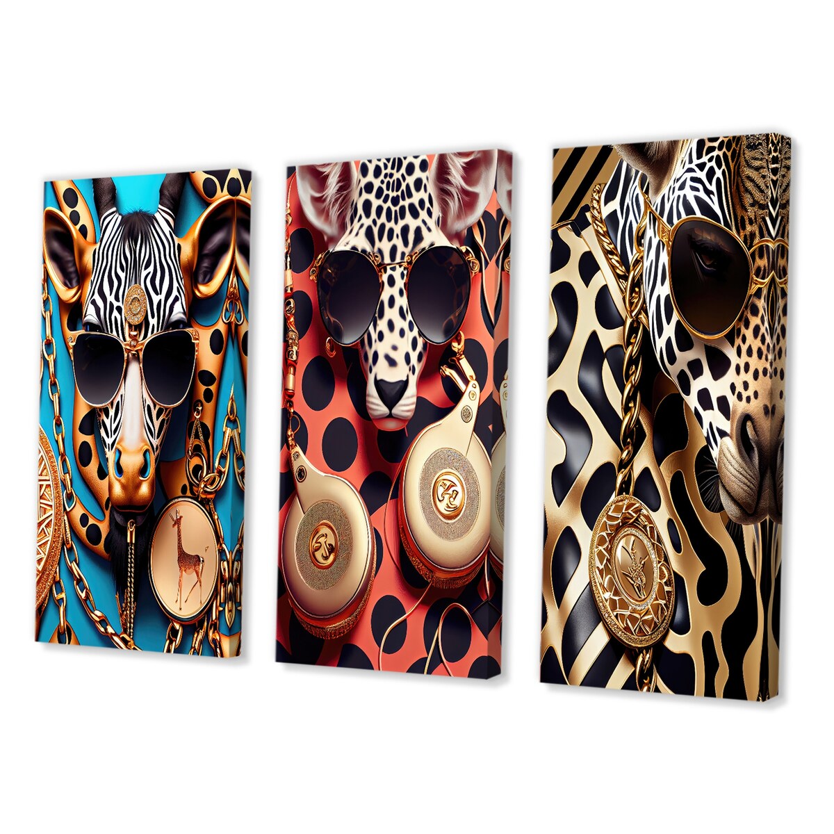 Designart "Celebrity Fashion Girafe II" Fashion Wall Art Set Of 3 - Glam Gallery Set For Office Decor