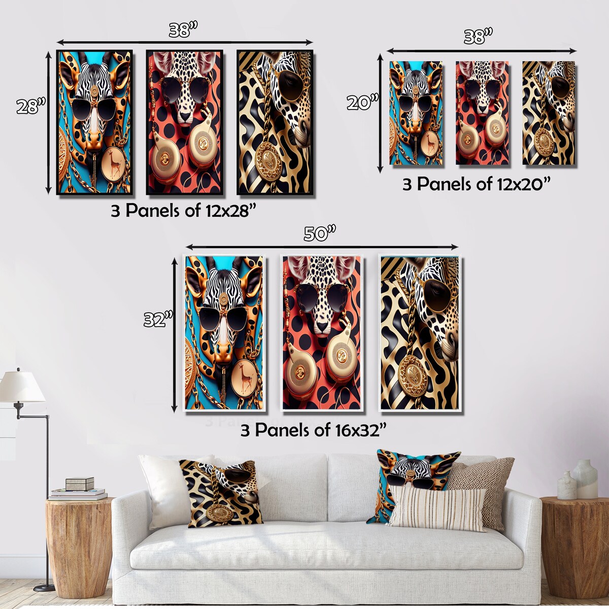 Designart "Celebrity Fashion Girafe II" Fashion Wall Art Set Of 3 - Glam Gallery Set For Office Decor
