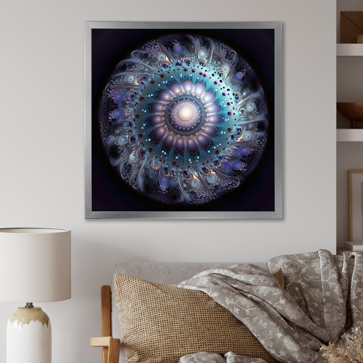 Designart "Celestial Mandala In Mysterious Purple & Blue" Boho Mandala Framed Canvas Wall Art
