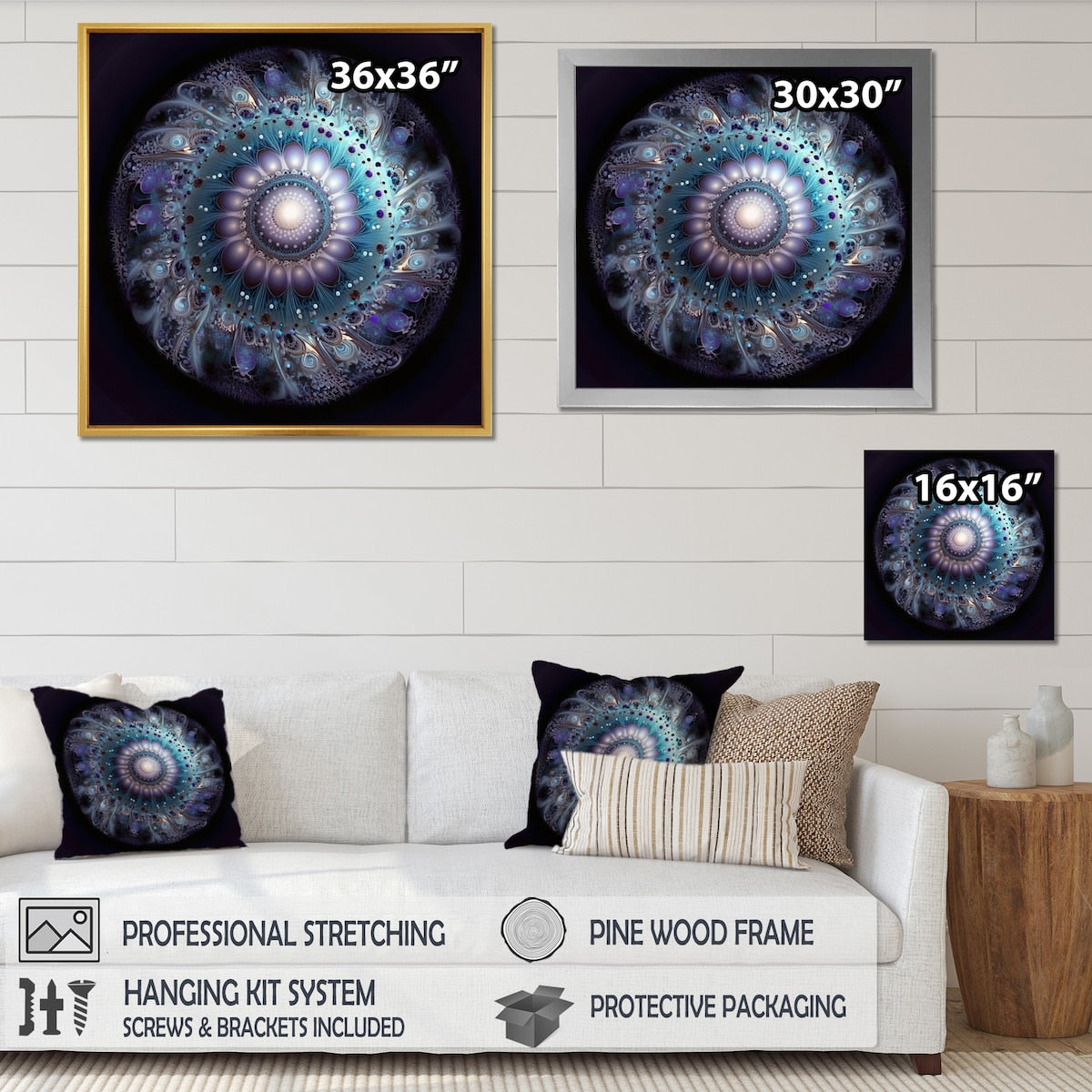 Designart "Celestial Mandala In Mysterious Purple & Blue" Boho Mandala Framed Canvas Wall Art