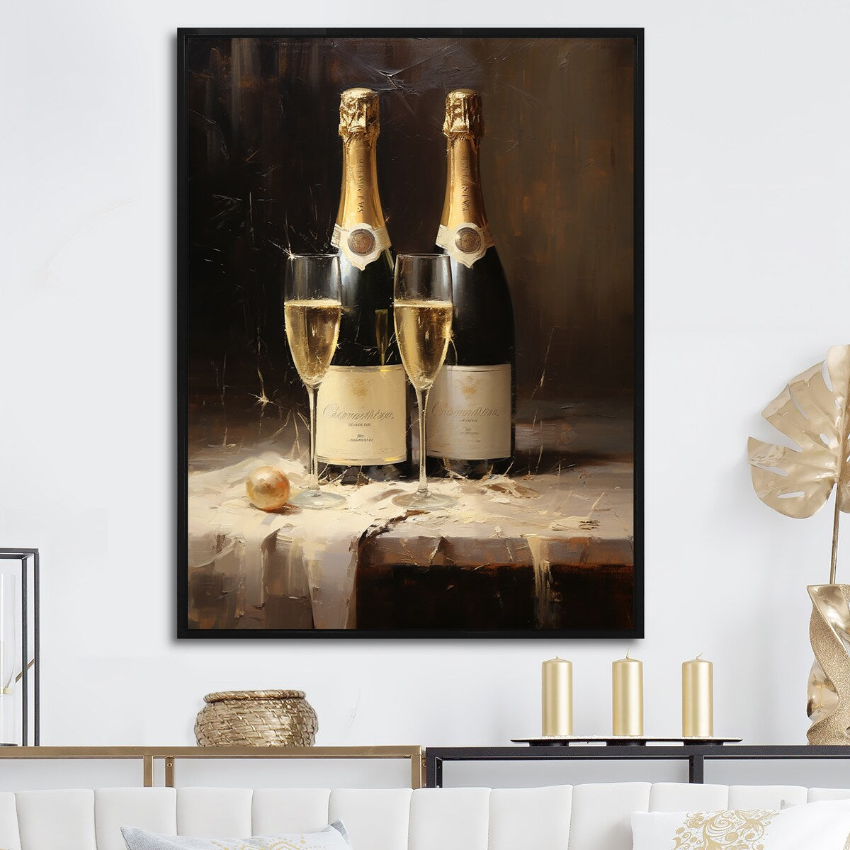 Designart "Cellars Silence Champagne Bottle I" Champagne Framed Canvas Art Print