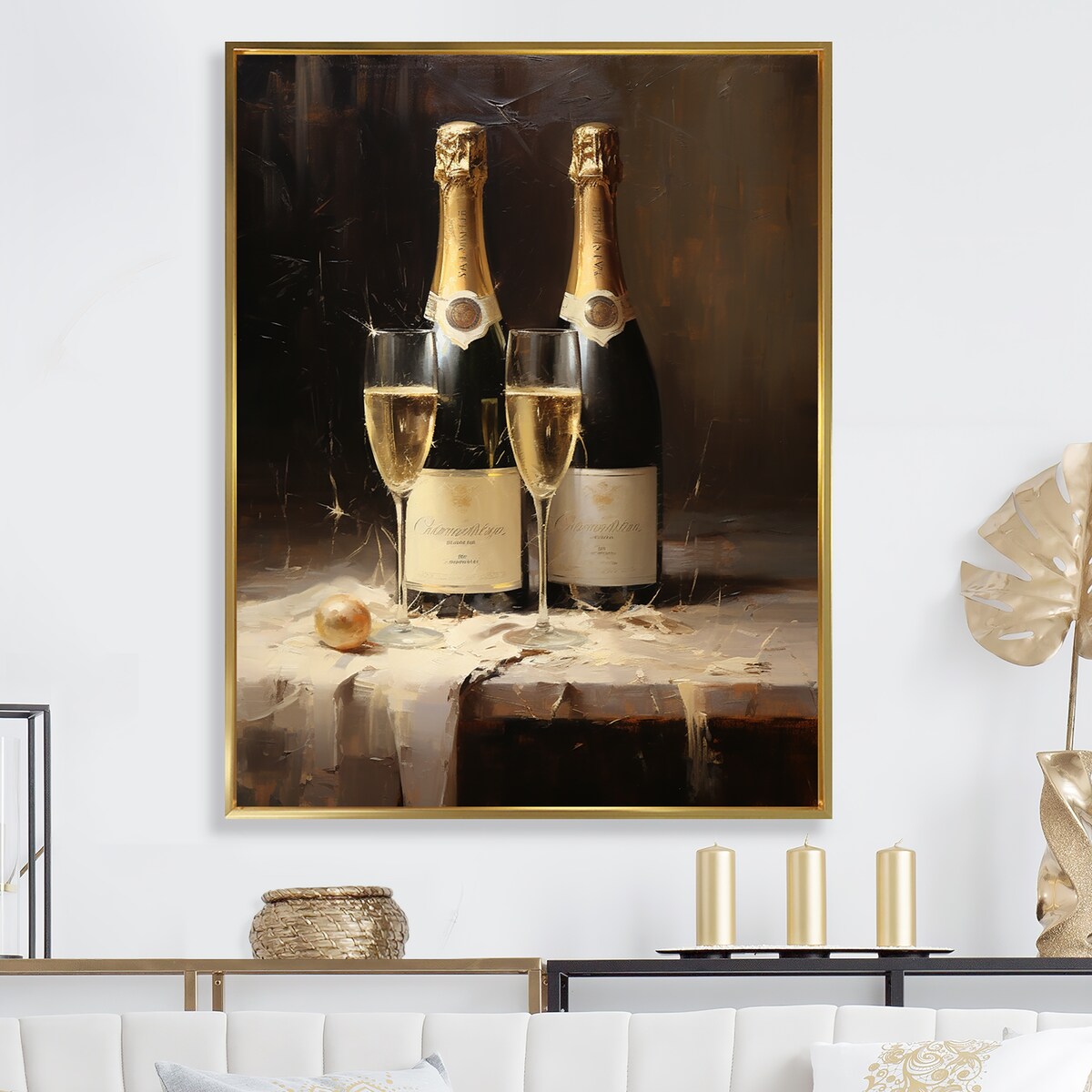 Designart "Cellars Silence Champagne Bottle I" Champagne Framed Canvas Art Print