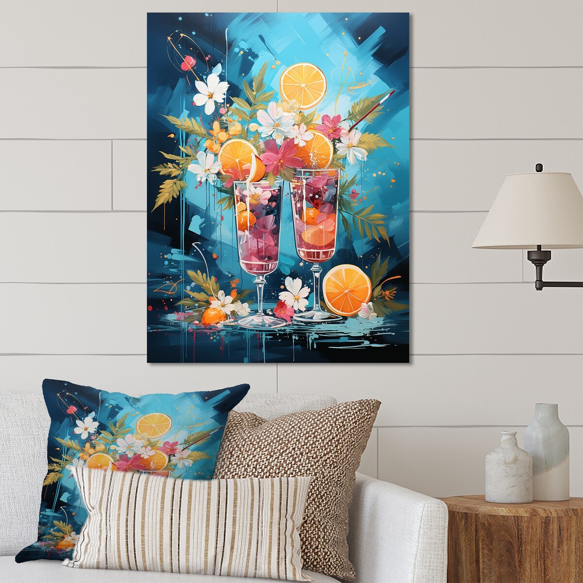 Designart "Cerulean Tom Collins Cocktail Flow" Cocktails Metal Wall Art Pink Wall Décor Traditional Metal Art Work