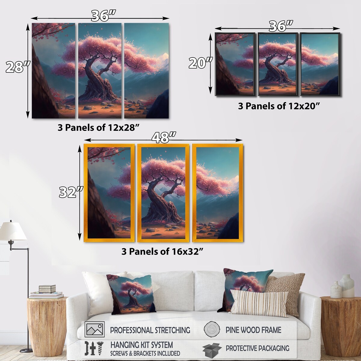 Designart "Cherry Blossums Forest III" Tree Cherry Blossom Canvas Art Print - 3 Panels