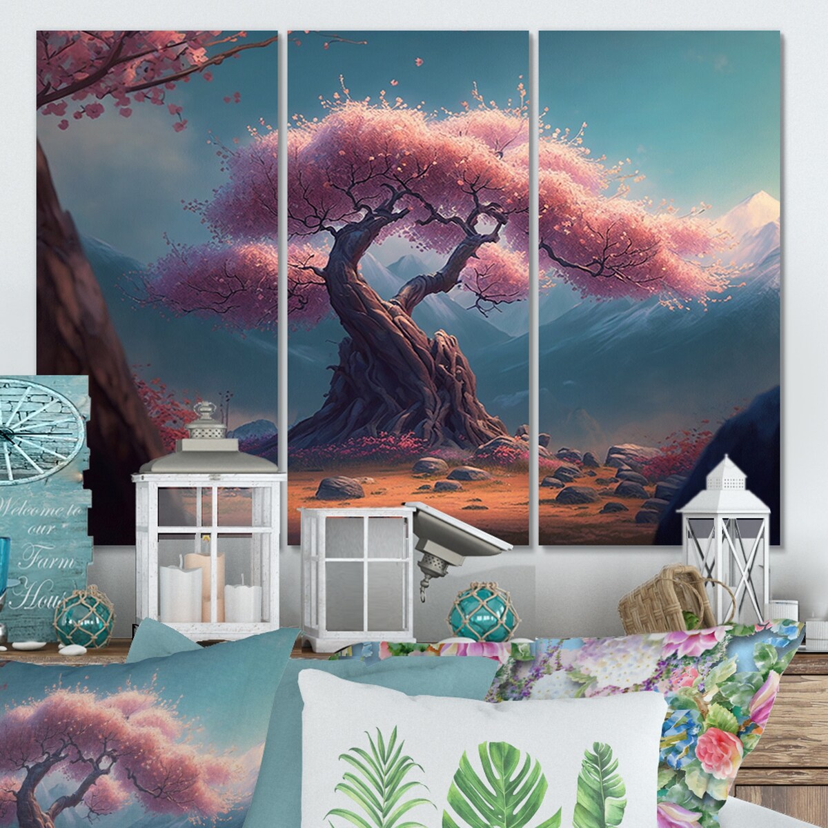 Designart "Cherry Blossums Forest III" Tree Cherry Blossom Canvas Art Print - 3 Panels