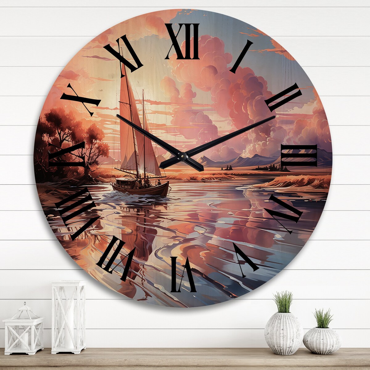 Designart "Clouds Whimsical Wanderers" Nautical & Beach Oversized Wood Wall Clock