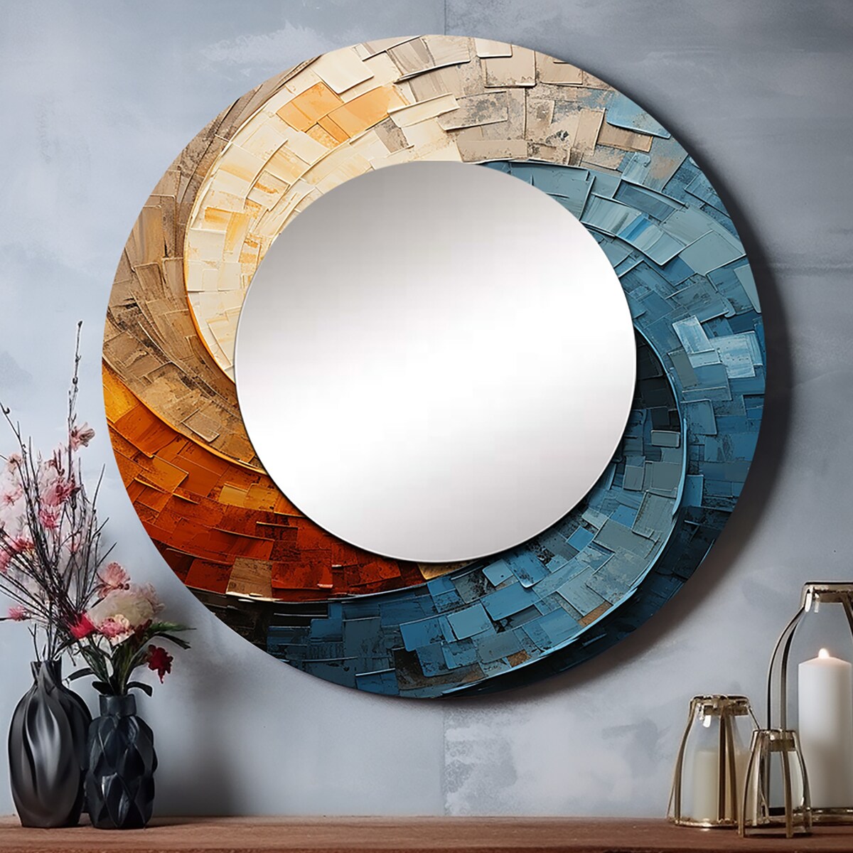 Designart "Collaged Spiral" Abstract Round Bathroom Mirror - Green Modern Round Wall Décor