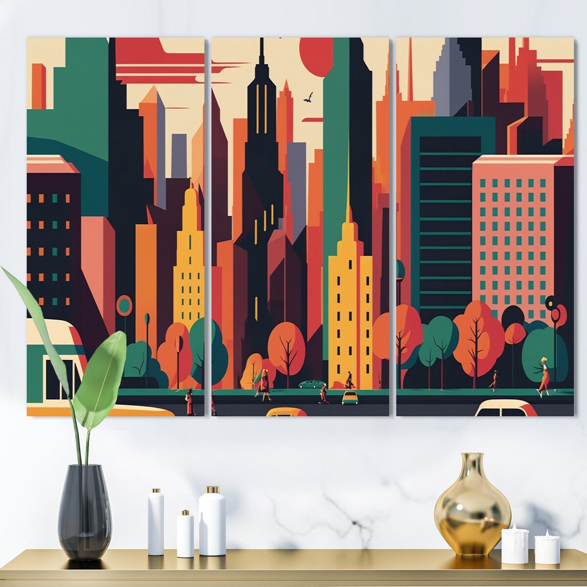 Designart "Colorful Cityscape I" City Art Deco Canvas Art Print - 3 Panels
