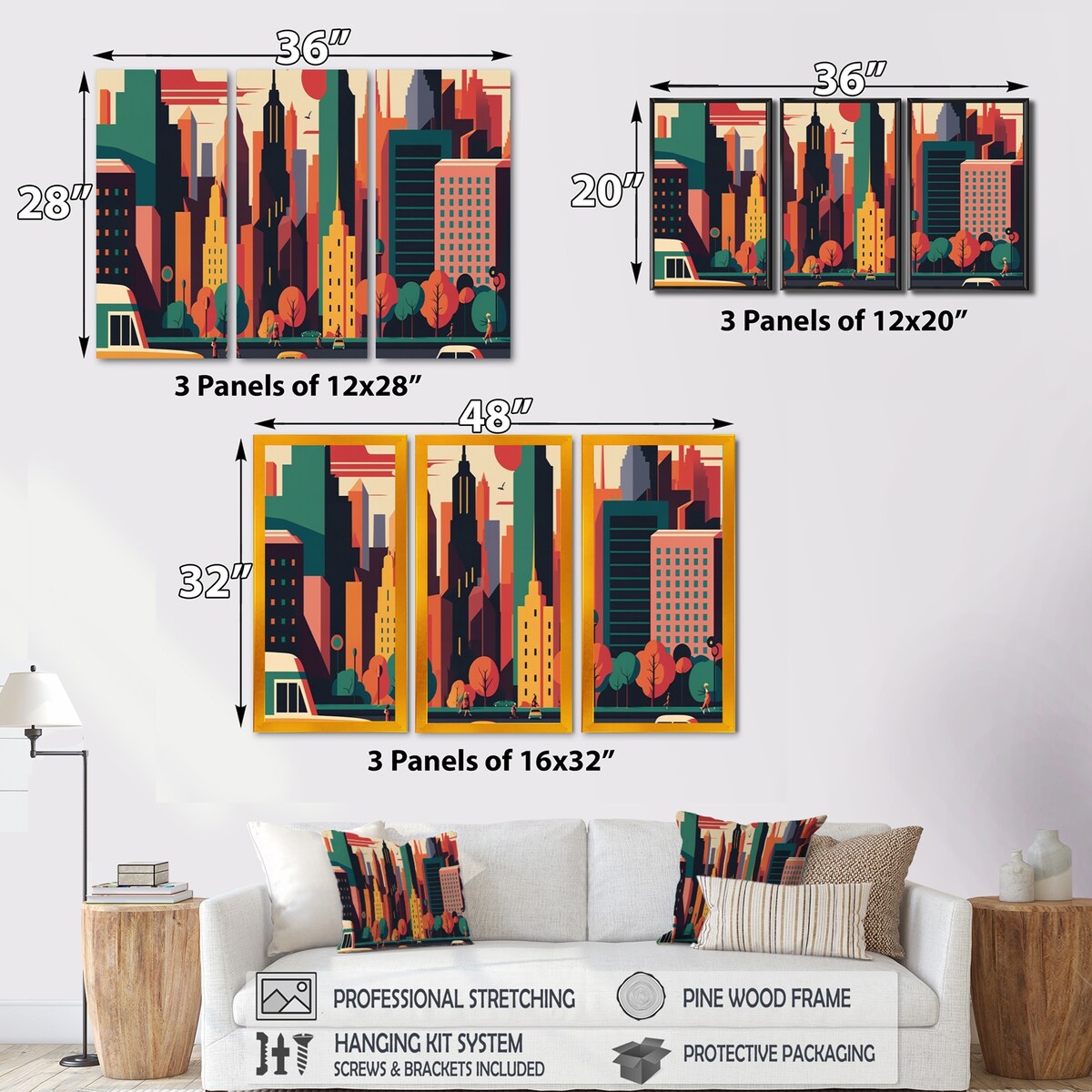 Designart "Colorful Cityscape I" City Art Deco Canvas Art Print - 3 Panels