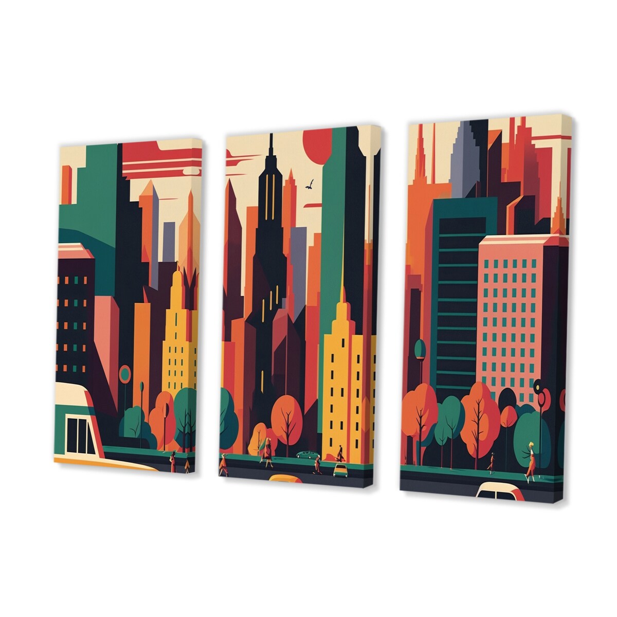Designart "Colorful Cityscape I" City Art Deco Canvas Art Print - 3 Panels