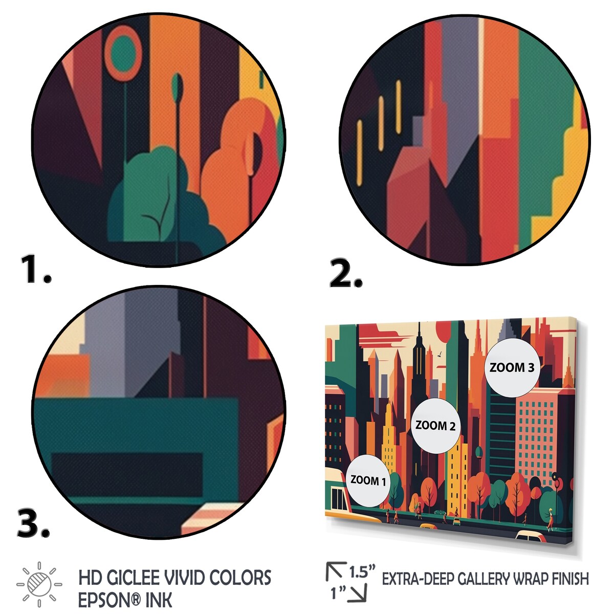 Designart "Colorful Cityscape I" City Art Deco Canvas Art Print - 3 Panels