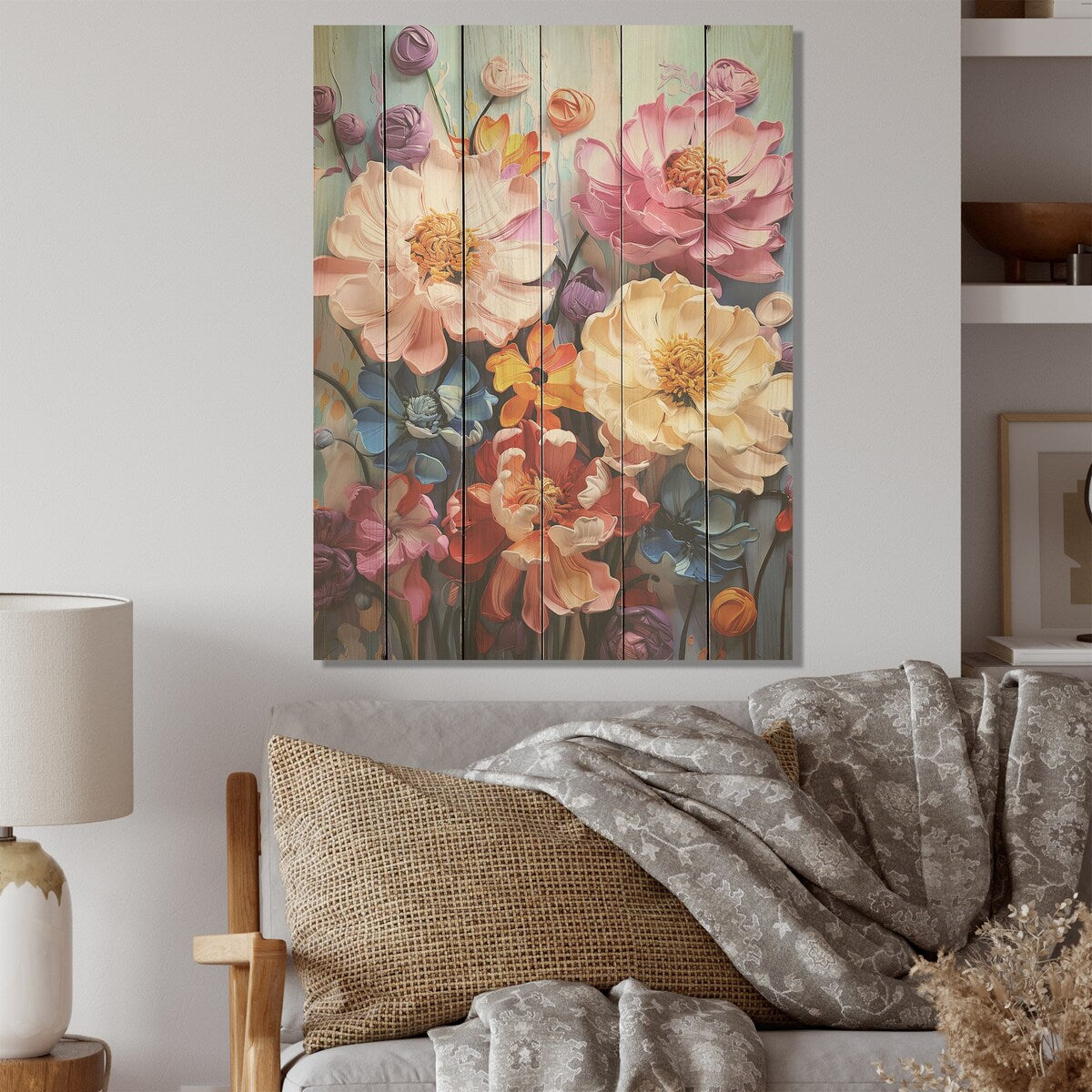 Designart "Colorful Peonies In Full Bloom" Peonies Wood Wall Decor - Traditional Wood Panel On Natural Pine Wood