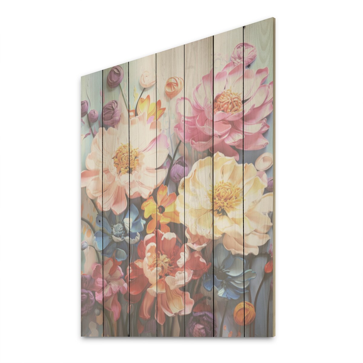 Designart "Colorful Peonies In Full Bloom" Peonies Wood Wall Decor - Traditional Wood Panel On Natural Pine Wood