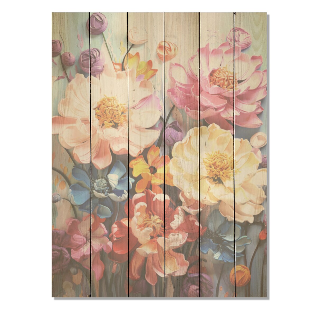Designart "Colorful Peonies In Full Bloom" Peonies Wood Wall Decor - Traditional Wood Panel On Natural Pine Wood