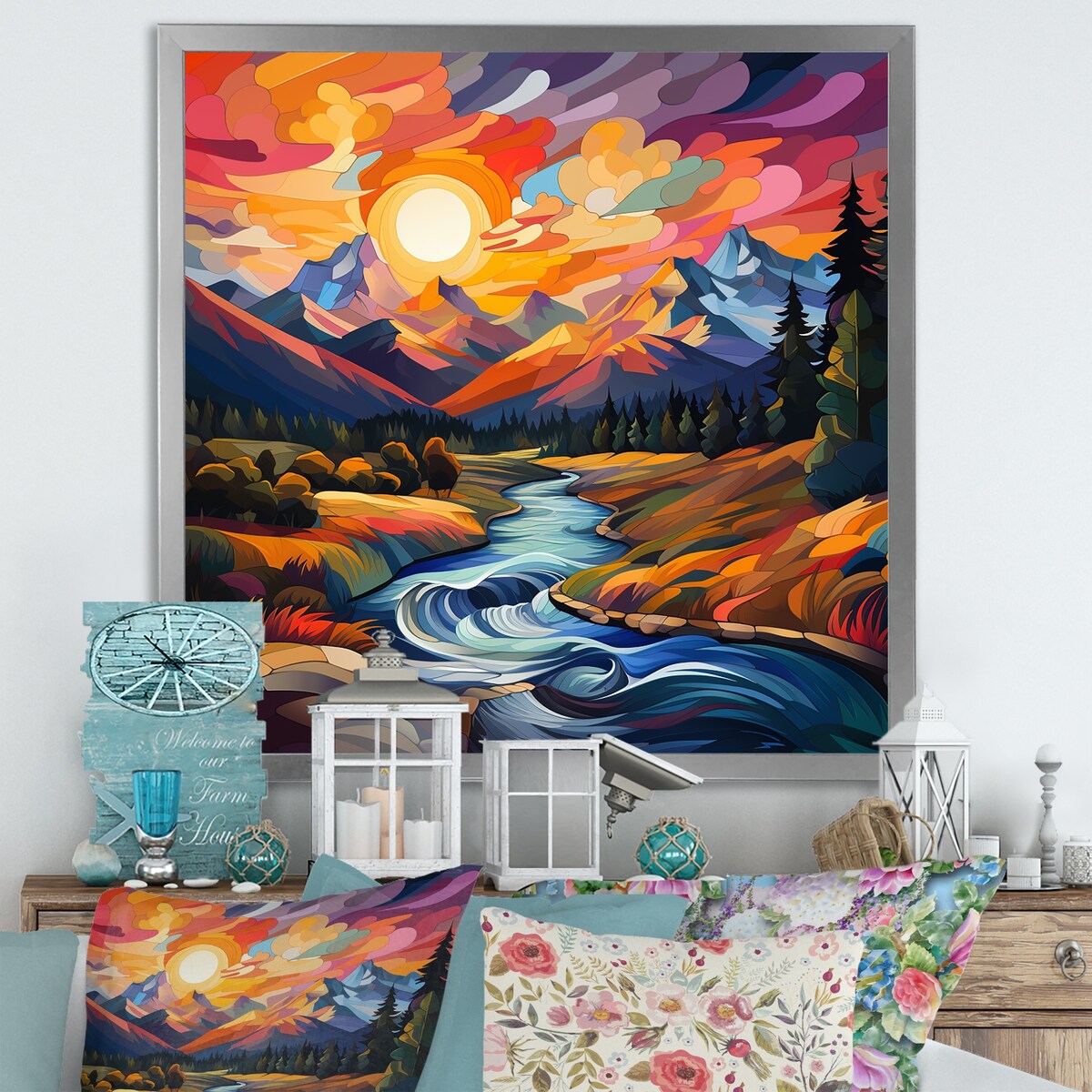 Designart "Colorful Sunset River Mountains Horizon I" Fruits Wall Decor Colorful Traditional Entryway Framed Wall Art