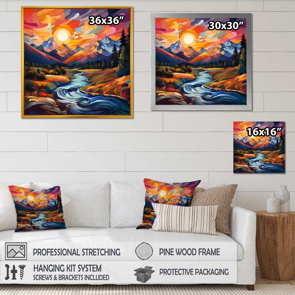 Designart "Colorful Sunset River Mountains Horizon I" Fruits Wall Decor Colorful Traditional Entryway Framed Wall Art