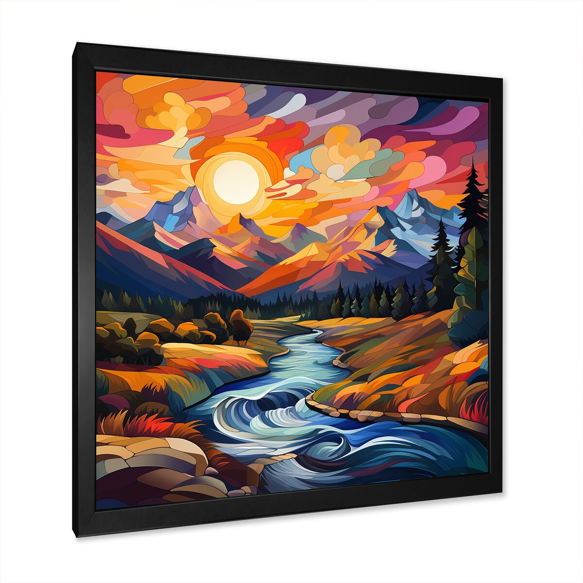 Designart "Colorful Sunset River Mountains Horizon I" Fruits Wall Decor Colorful Traditional Entryway Framed Wall Art