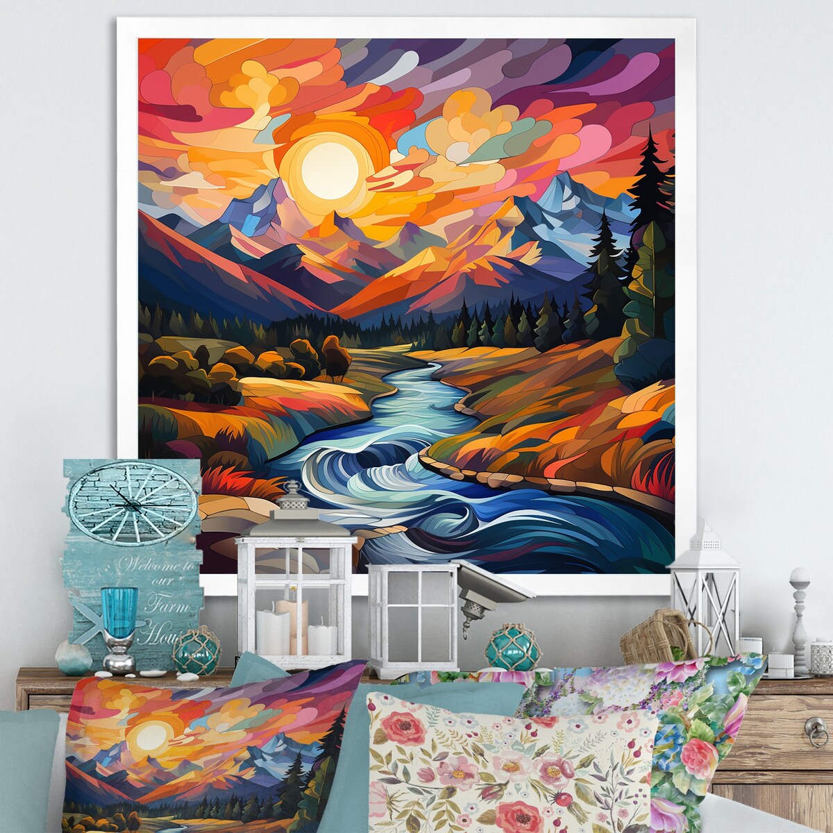 Designart "Colorful Sunset River Mountains Horizon I" Fruits Wall Decor Colorful Traditional Entryway Framed Wall Art