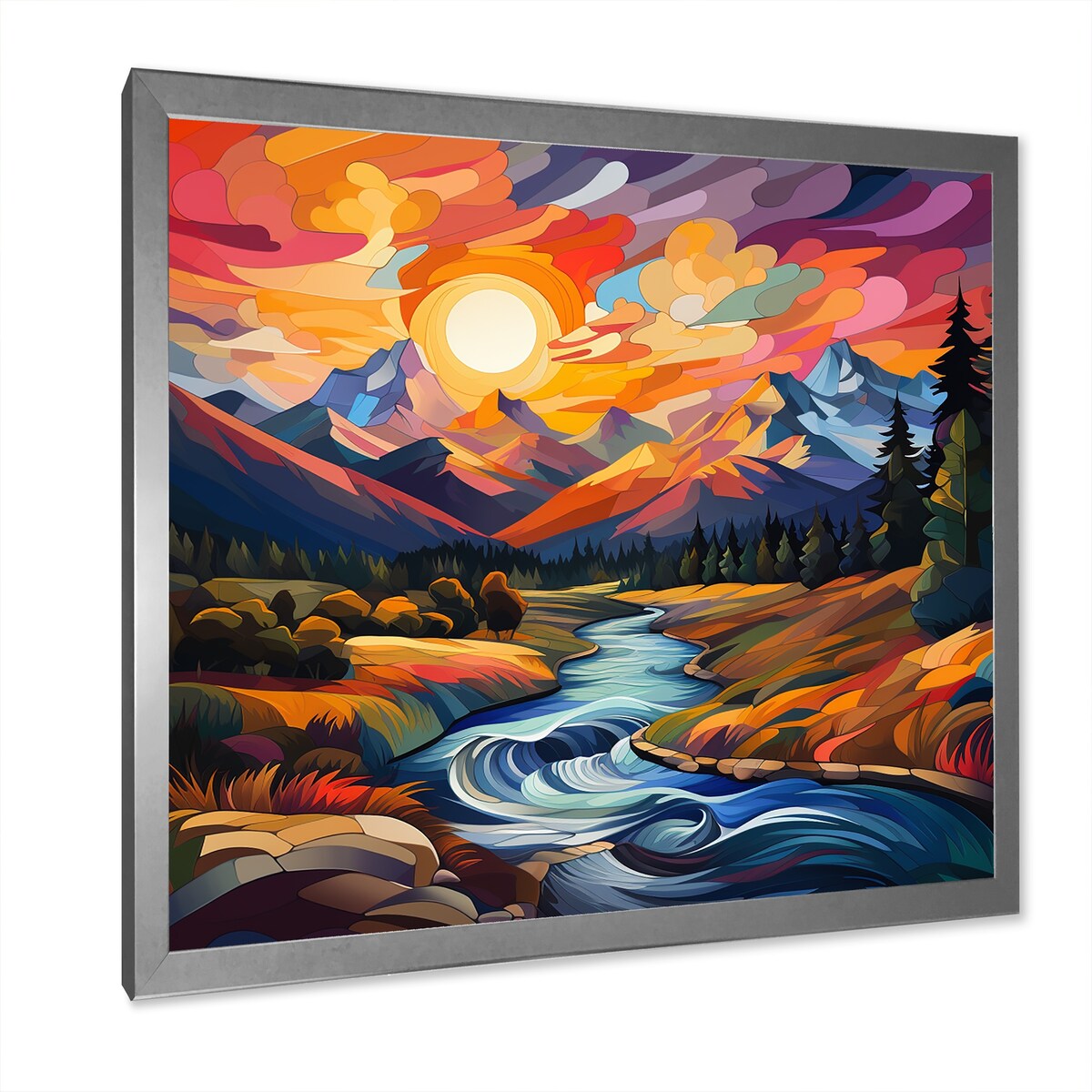 Designart "Colorful Sunset River Mountains Horizon I" Fruits Wall Decor Colorful Traditional Entryway Framed Wall Art