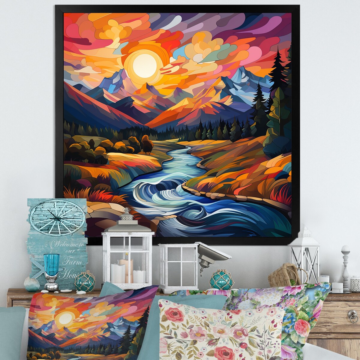 Designart "Colorful Sunset River Mountains Horizon I" Fruits Wall Decor Colorful Traditional Entryway Framed Wall Art