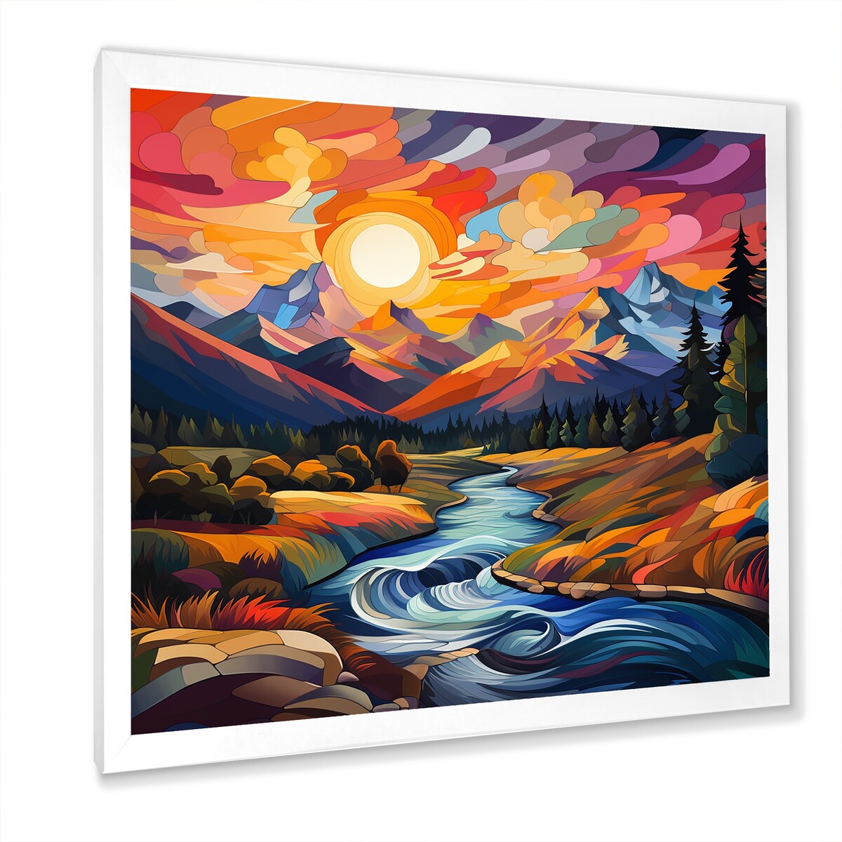 Designart "Colorful Sunset River Mountains Horizon I" Fruits Wall Decor Colorful Traditional Entryway Framed Wall Art