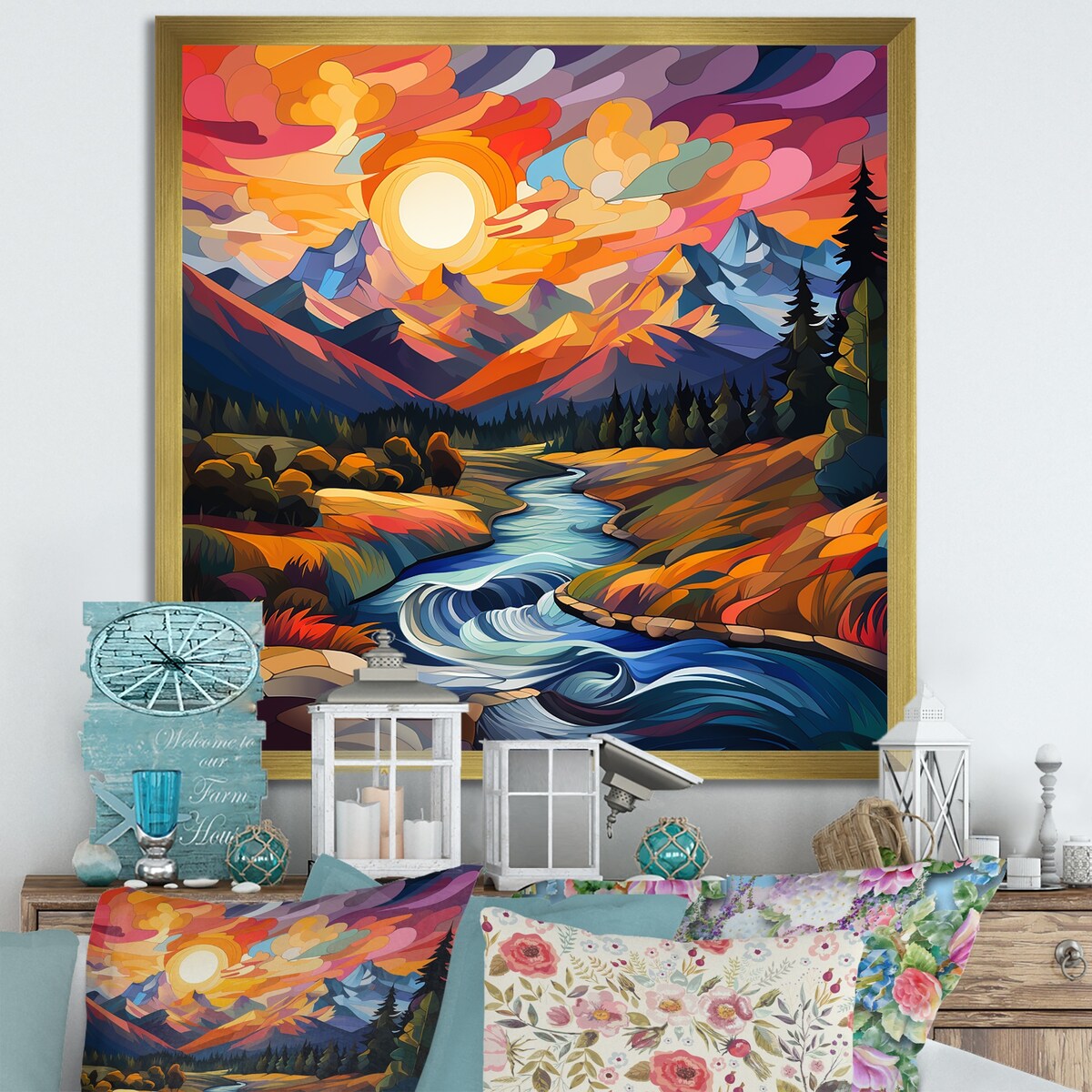 Designart "Colorful Sunset River Mountains Horizon I" Fruits Wall Decor Colorful Traditional Entryway Framed Wall Art