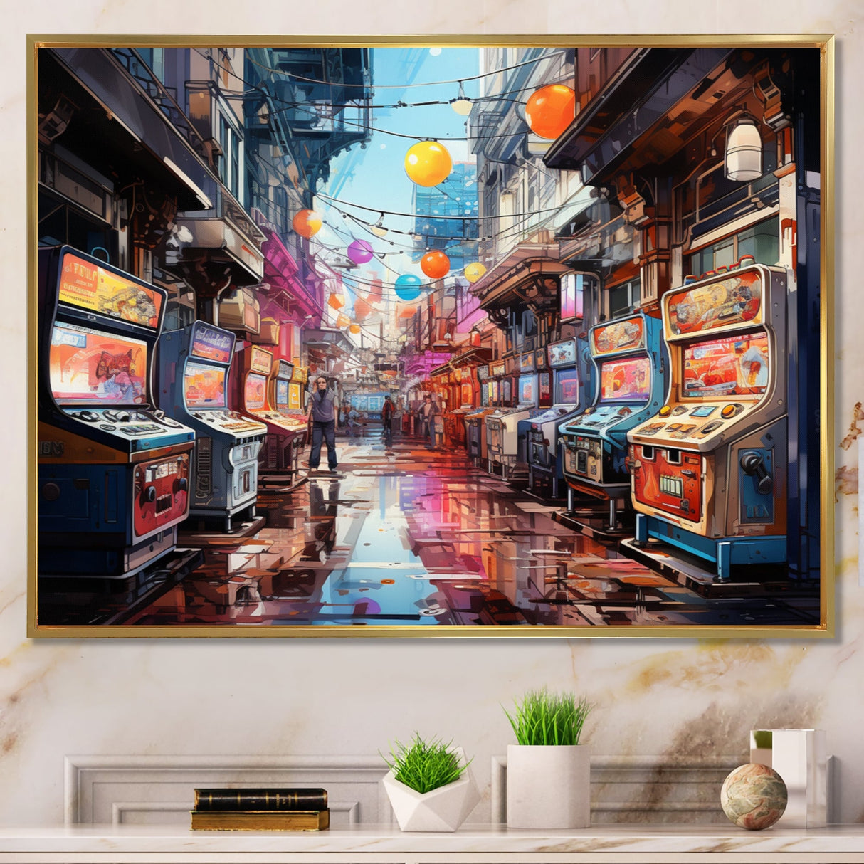 Designart "Colorful Video Game Arcade Dreams" Video Games Framed Wall Art Living Room