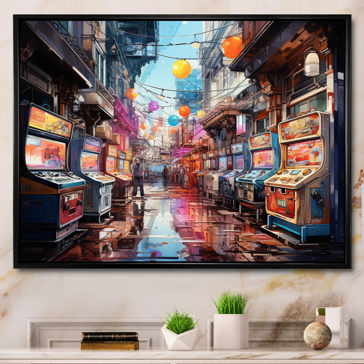 Designart "Colorful Video Game Arcade Dreams" Video Games Framed Wall Art Living Room