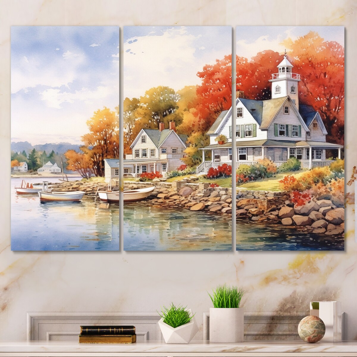 Designart "Connecticut'S Lake Village Charm I" Connecticut Metal Art Print Set