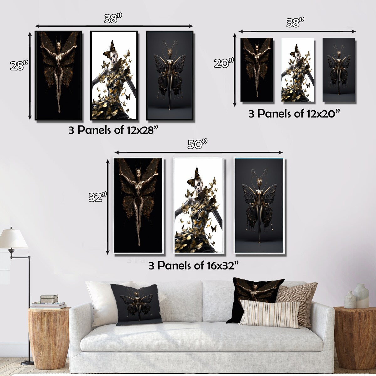 Designart "Contemporary Glam Butterfly Woman In Black II" Fashion Woman Gold - Gallery Set Of 3 For Office Decor