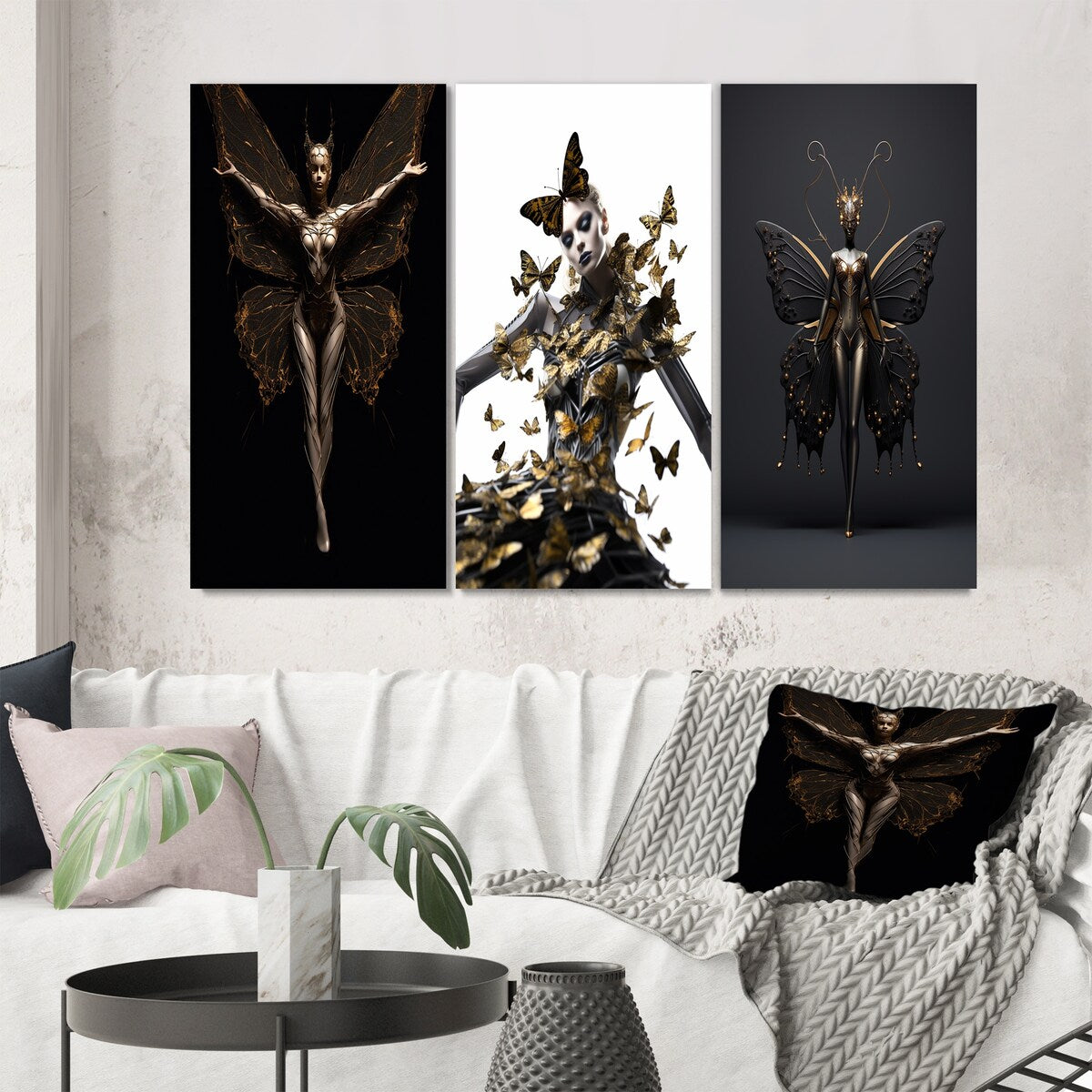 Designart "Contemporary Glam Butterfly Woman In Black II" Fashion Woman Gold - Gallery Set Of 3 For Office Decor