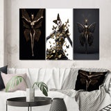 Designart "Contemporary Glam Butterfly Woman In Black II" Fashion Woman Gold - Gallery Set Of 3 For Office Decor