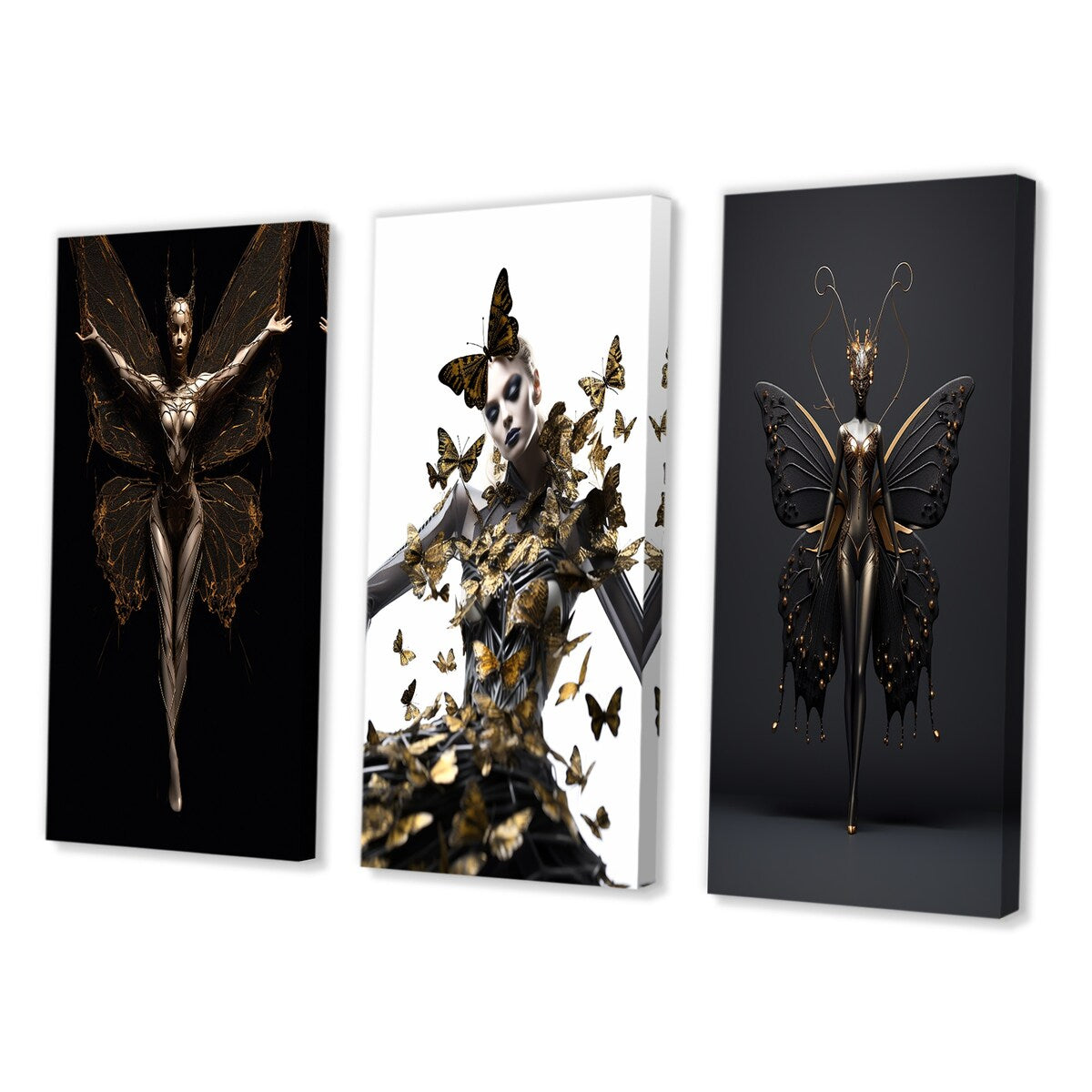 Designart "Contemporary Glam Butterfly Woman In Black II" Fashion Woman Gold - Gallery Set Of 3 For Office Decor