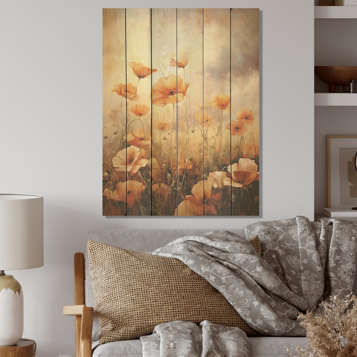 Designart "Copper Clouds Field Of Poppies" Poppies Wood Wall Decor - Traditional Brown Wood Panel On Natural Pine Wood