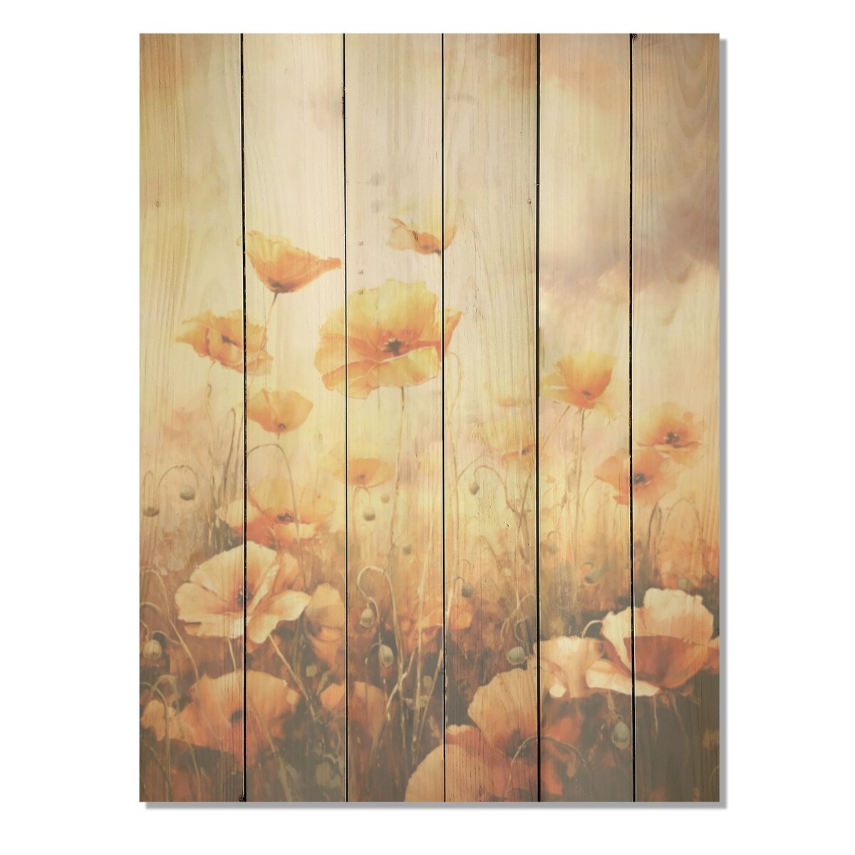 Designart "Copper Clouds Field Of Poppies" Poppies Wood Wall Decor - Traditional Brown Wood Panel On Natural Pine Wood