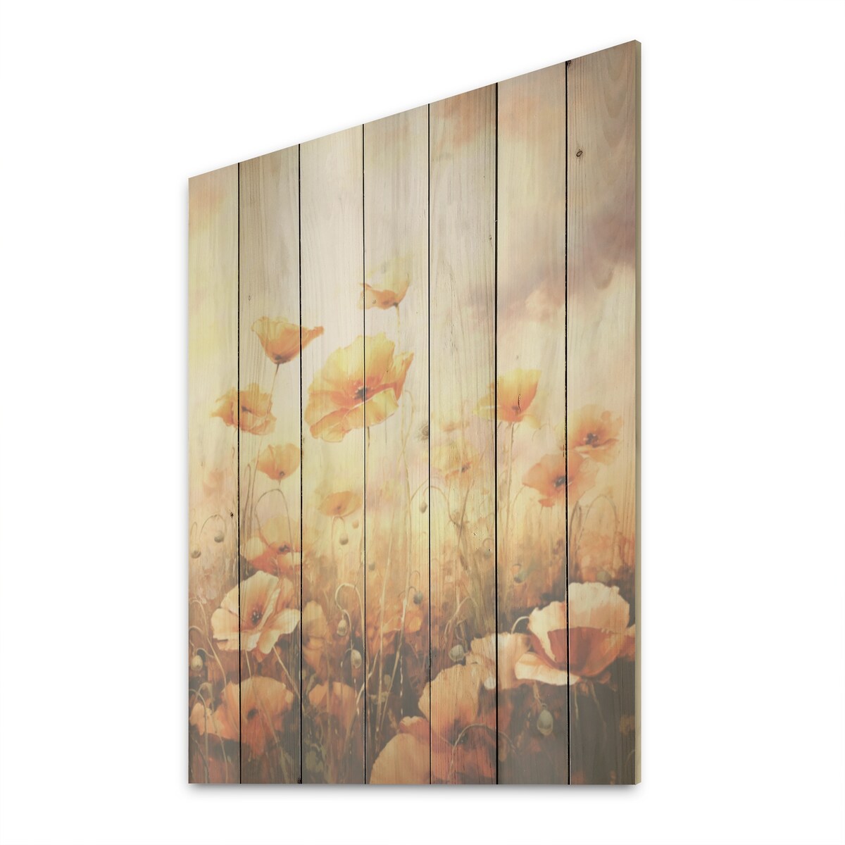 Designart "Copper Clouds Field Of Poppies" Poppies Wood Wall Decor - Traditional Brown Wood Panel On Natural Pine Wood