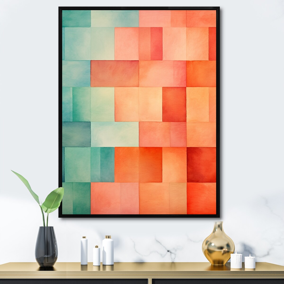 Designart "Coral Cubes Melody Shapes" Abstract Shapes Framed Canvas Wall Art