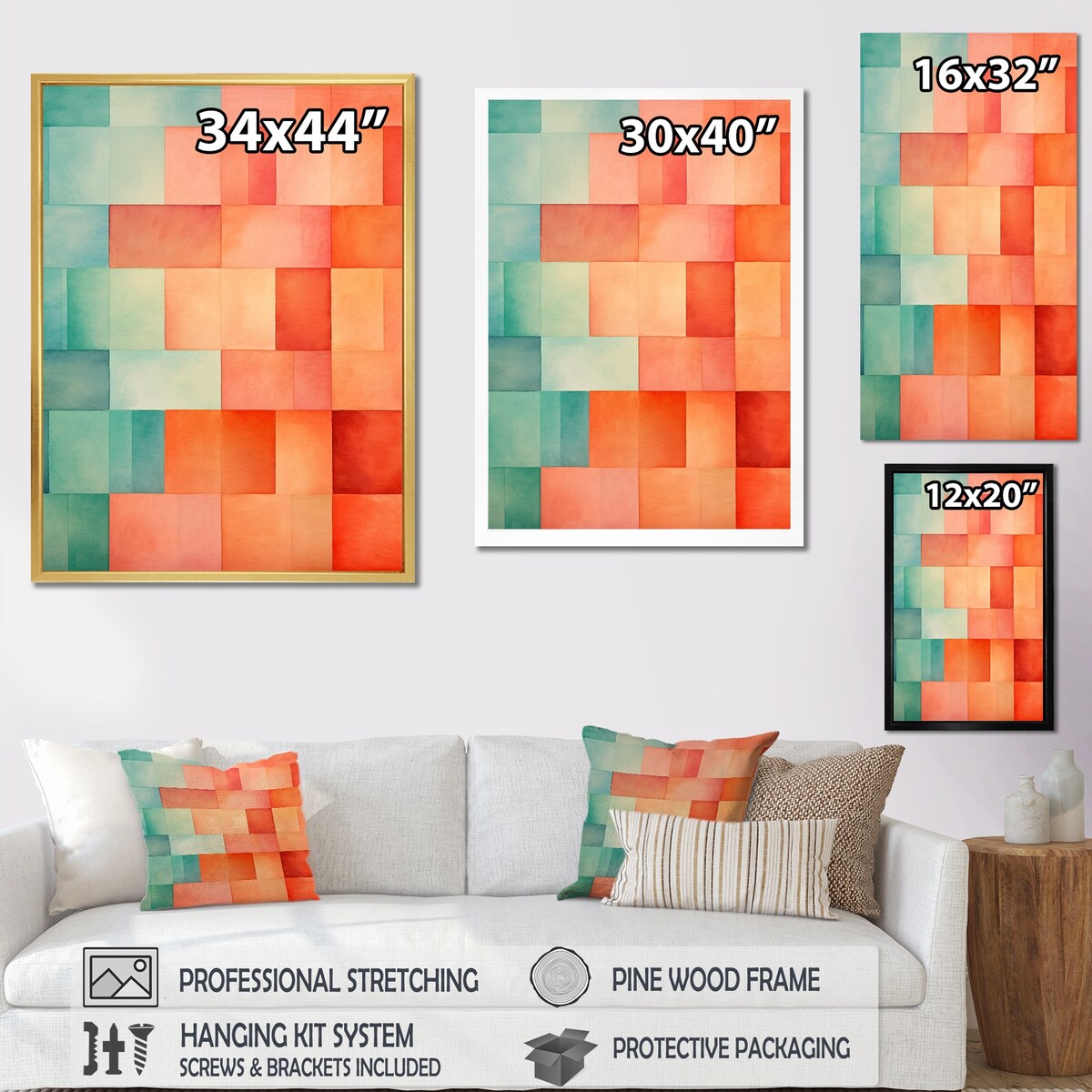 Designart "Coral Cubes Melody Shapes" Abstract Shapes Framed Canvas Wall Art