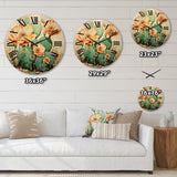 Designart "Coral Green Cactus Desert Blooms Pointillism I" Floral Oversized Wood Wall Clock