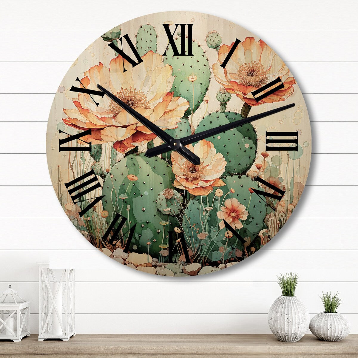 Designart "Coral Green Cactus Desert Blooms Pointillism I" Floral Oversized Wood Wall Clock